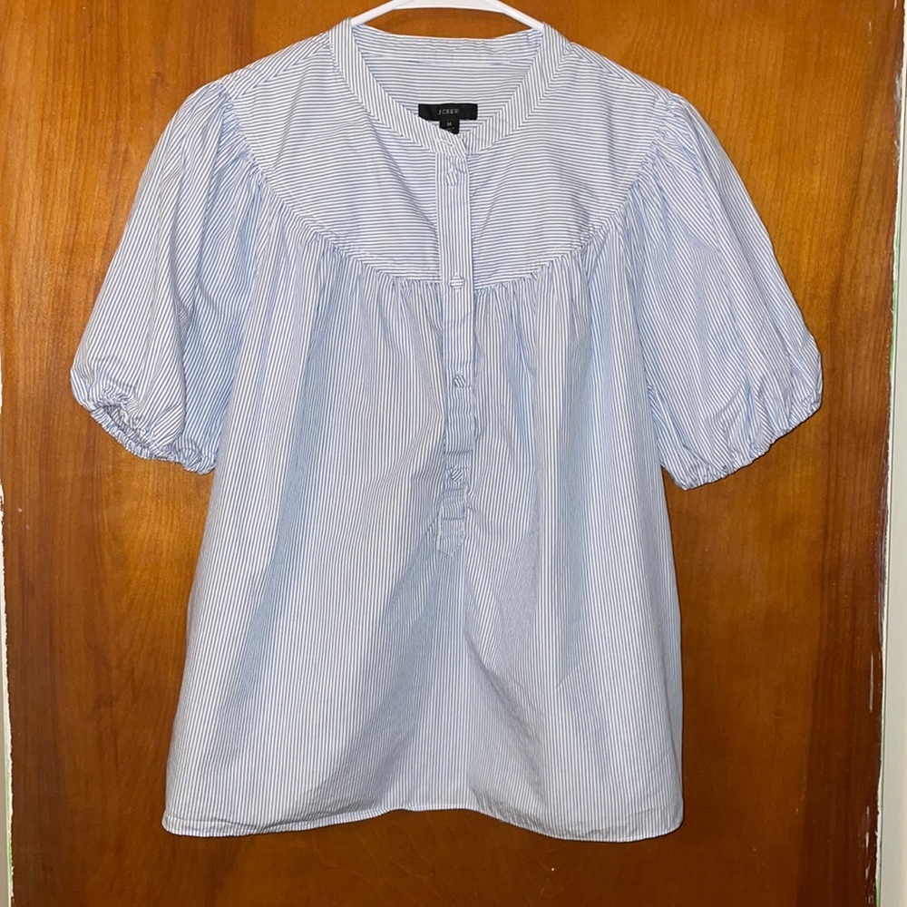 J Crew puff sleeve blue/white stripe top
